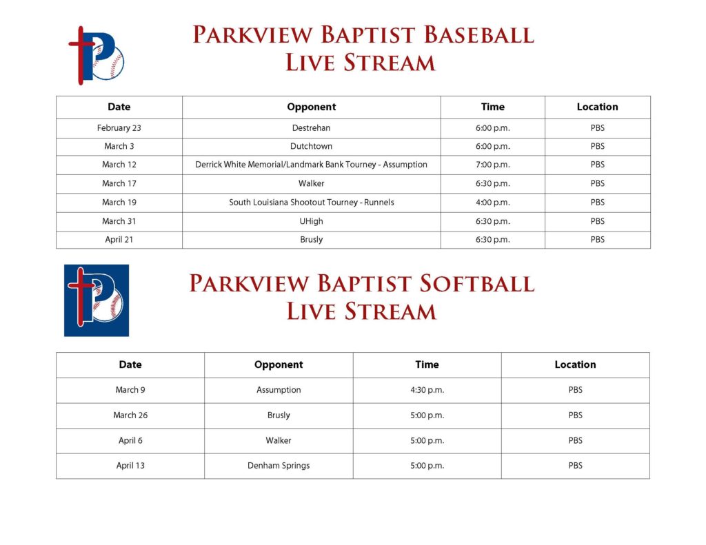 Parkview Baptist Baseball-Softball Live Stream Schedule