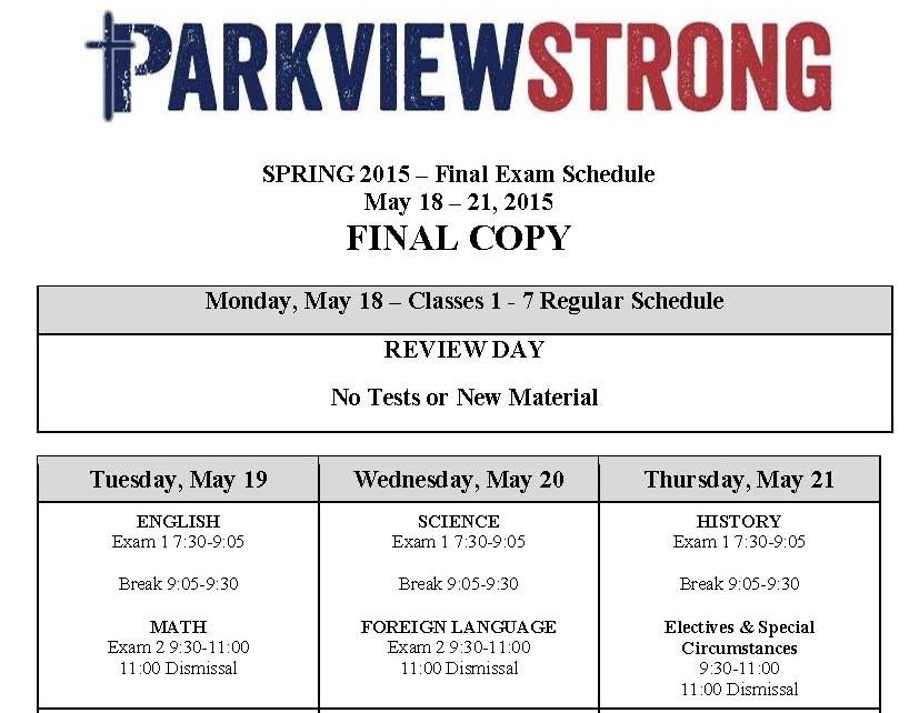 High School Final Exam Schedule | Parkview Baptist SchoolParkview