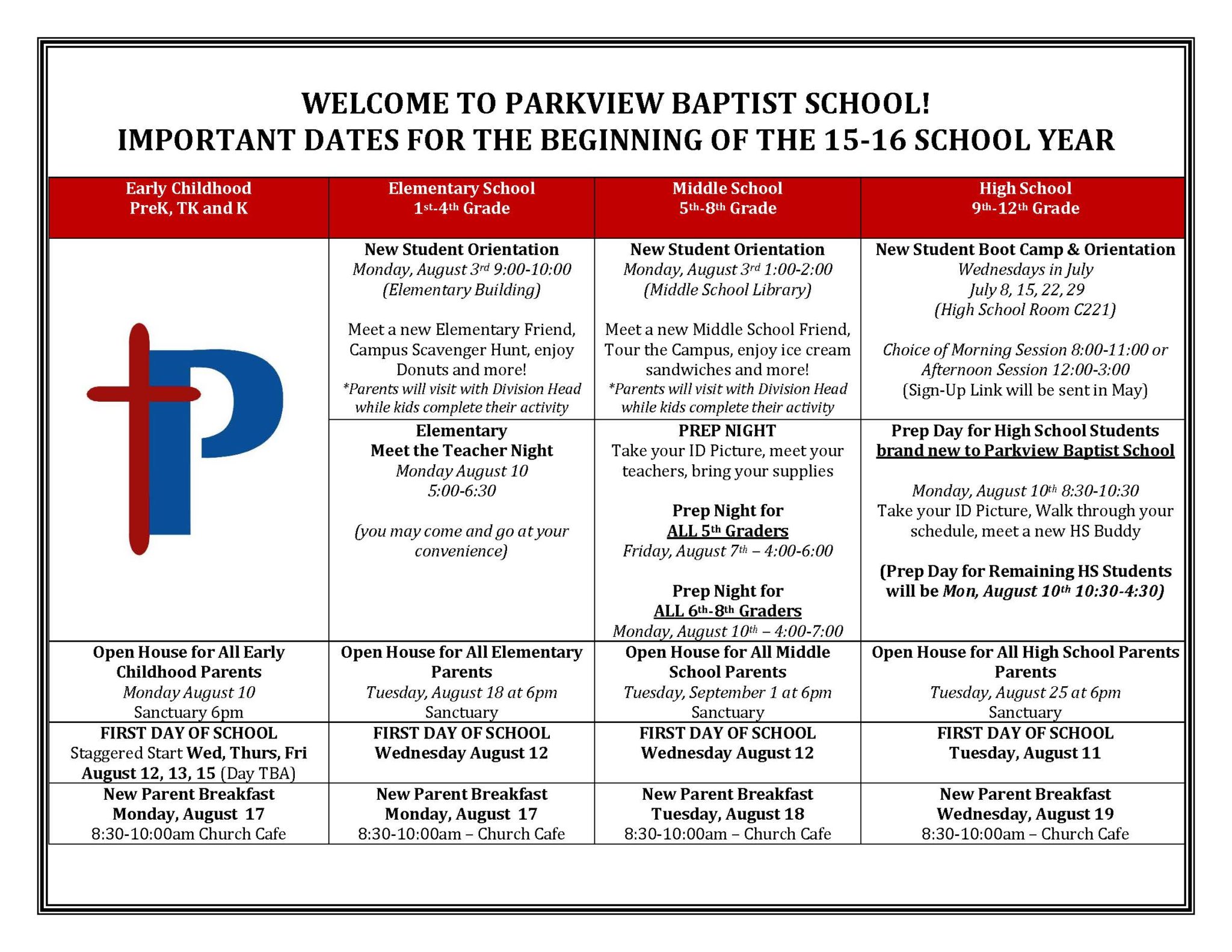 Important dates in august parkview baptist schoolparkview baptist school