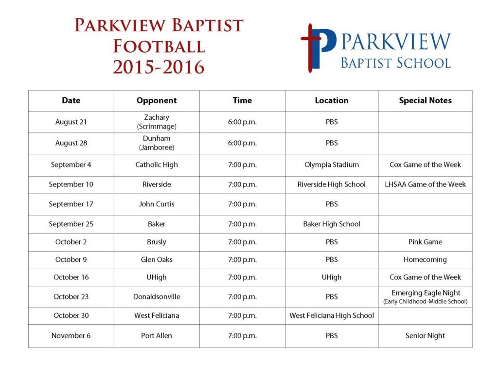 Parkview Baptist Football Schedule