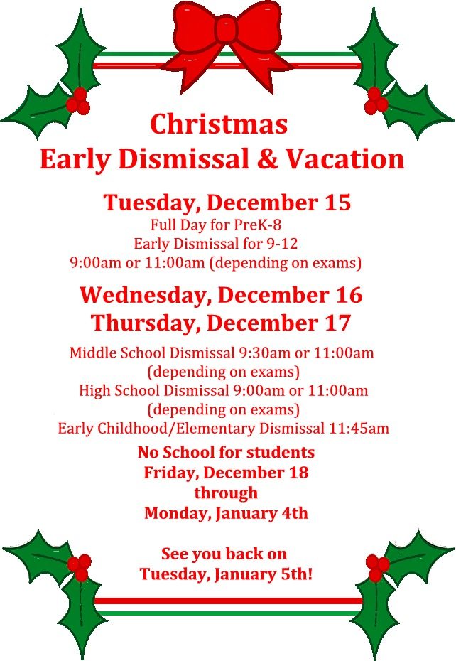 Exam and Early Dismissal Information Parkview Baptist SchoolParkview